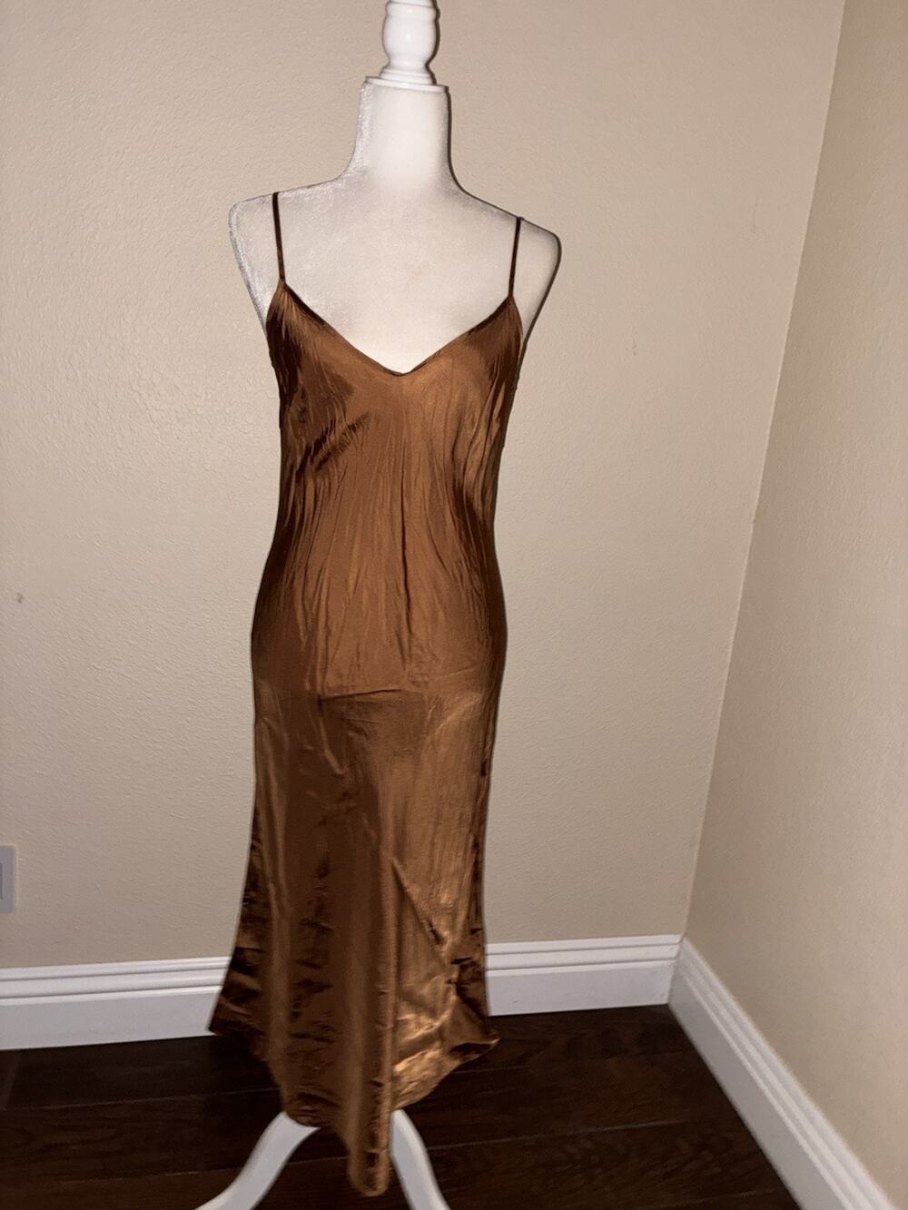 Organic John Patrick small Cupro Silky V-Neck Slip Dress Spice Brown New